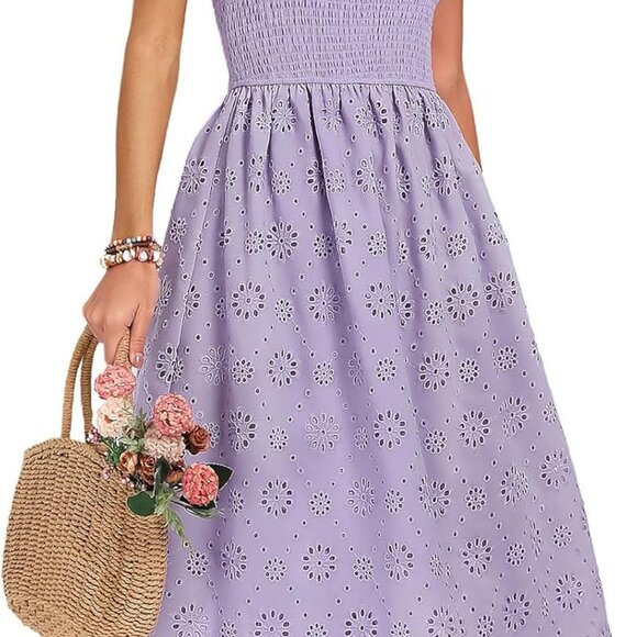 Women's Summer Strapless Smocked Eyelet Dress Casual Beach Wedding Midi - Picture 1 of 5